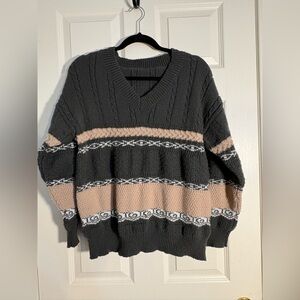 Women’s V-Neck Argyle Stripe Sweater | Vintage Preppy Knit | Size S